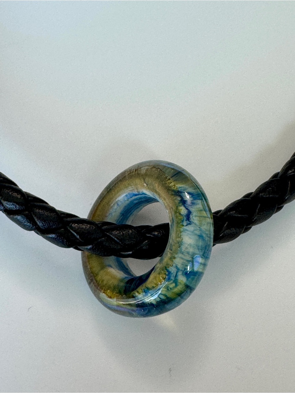 Blue-Green GlassBead Necklace on Black Braided Cord